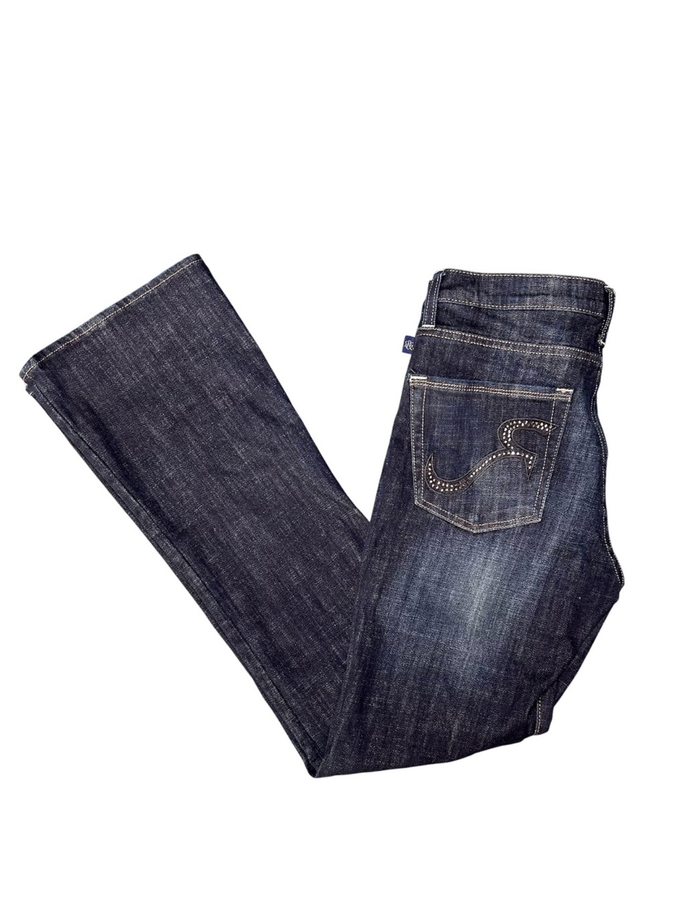 Rock & Republic Kasandra Sz 12 M dark blue bootcut jeans embellished pockets 273